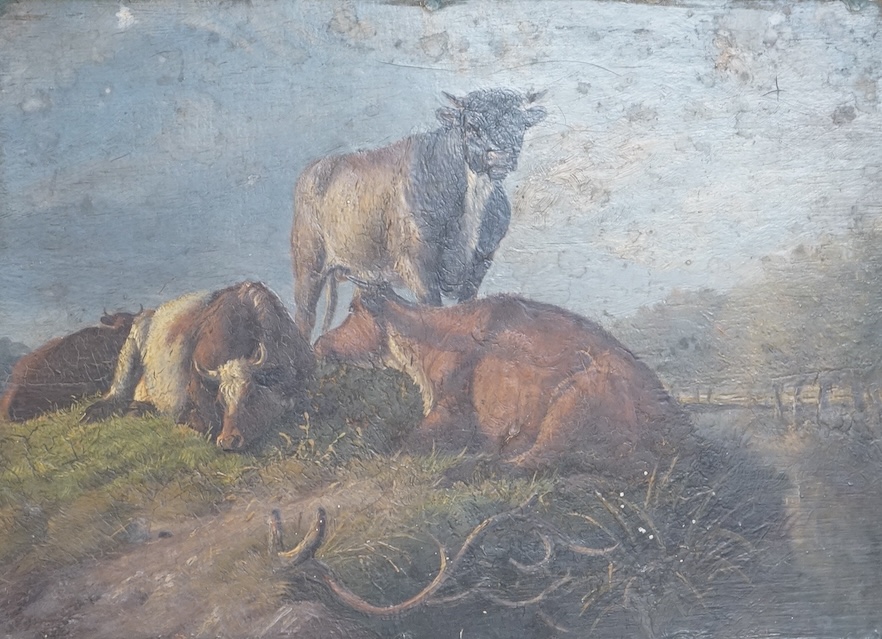 After Thomas Sydney Cooper, Study of resting cattle, oil on board, 25 x 34cm